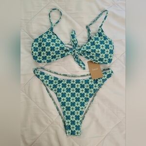 Samiol Green Twist Vintage Print Blue Floral Women's Bikini Set